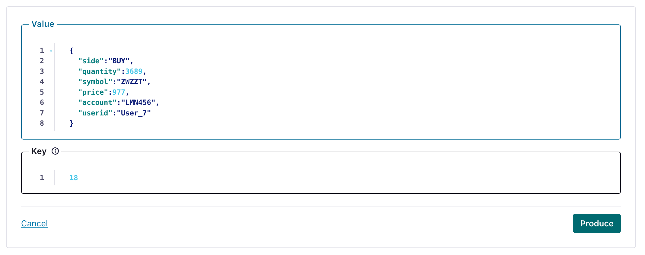 Интерфейс Confluent Cloud, показывающий, как создать тестово�е сообщение в топике Kafka