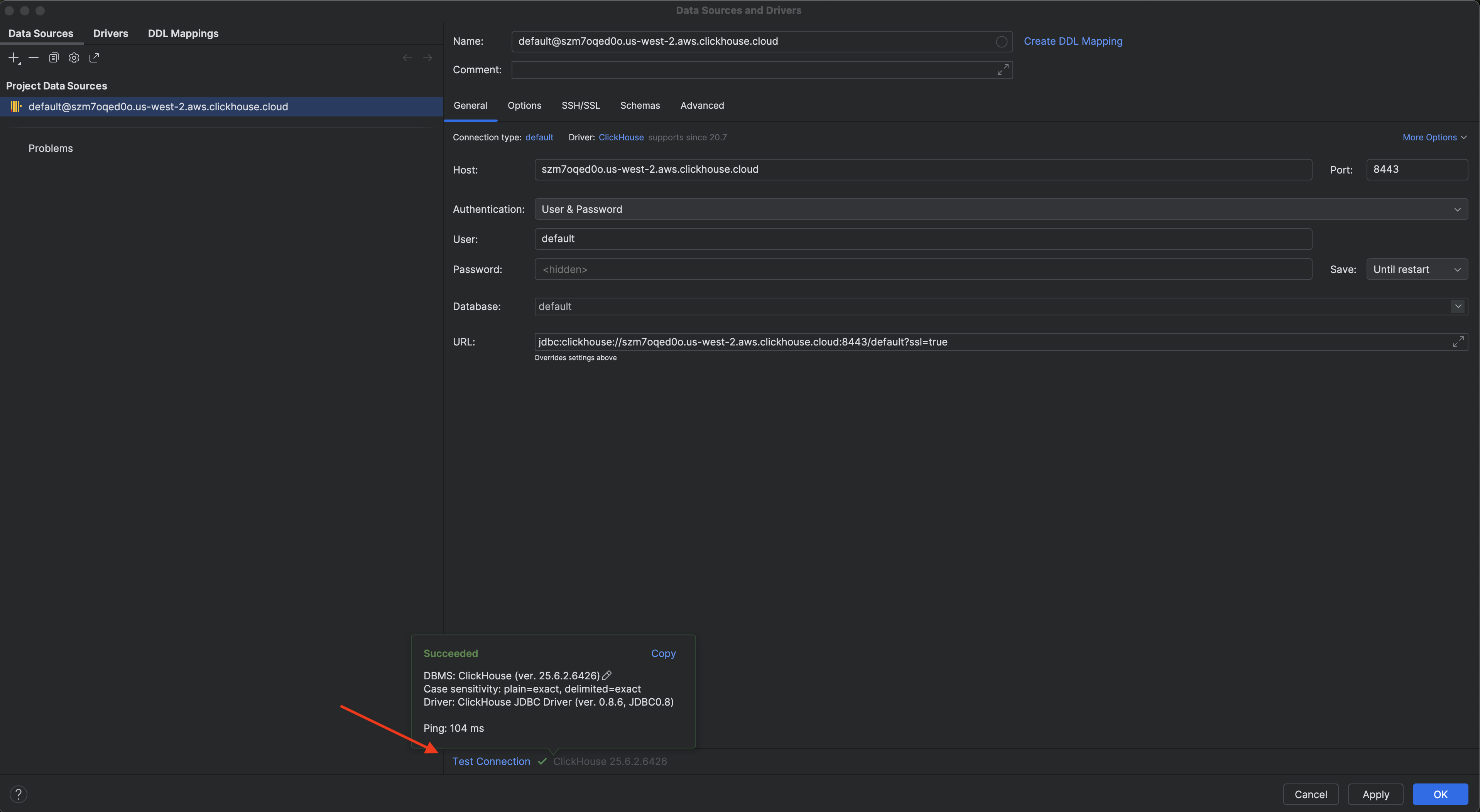Форма параметров подключения в DataGrip с настройками ClickHouse