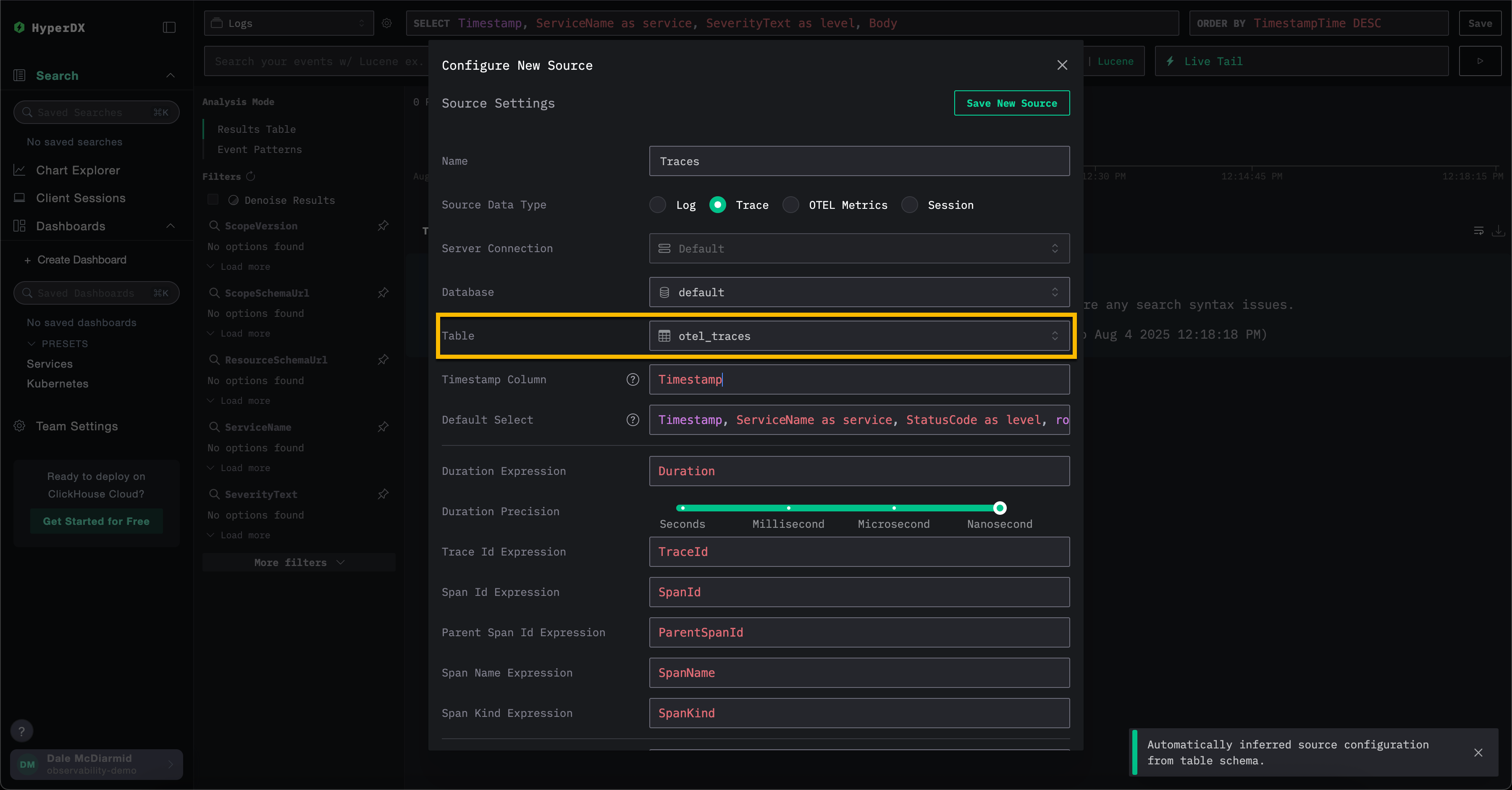 Создание источника трассировок в HyperDX
